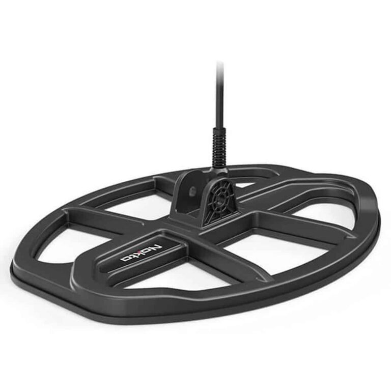 Nokta SC30 Waterproof DD Search Coil Nokta SC30 black waterproof DD search coil for metal detectors, featuring an elliptical open-web design with a center mounting bracket and cable connection.