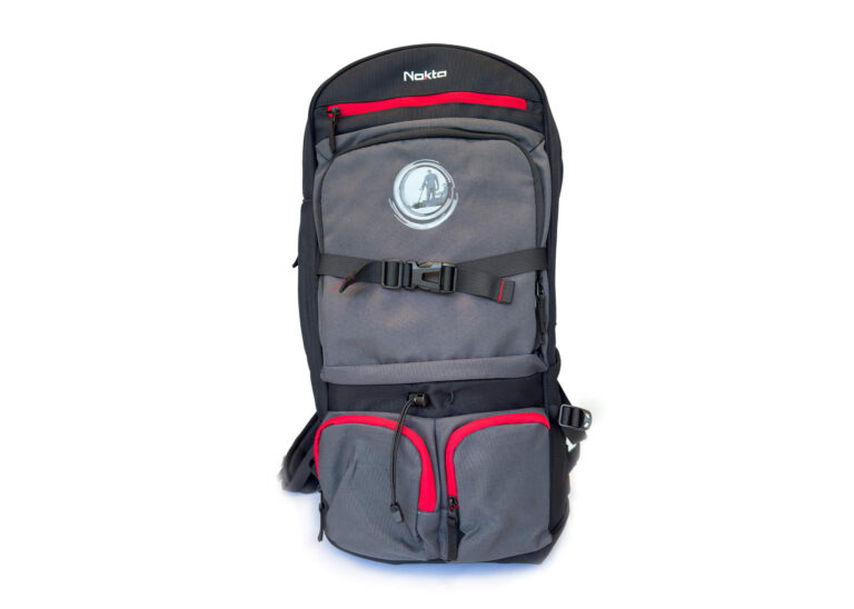 Nokta DetectoBag Metal Detecting Backpack Front View Nokta DetectoBag metal detecting backpack in grey and black with red accents, front view showing multi-pocket design.