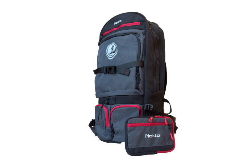 Nokta DetectoBag Metal Detecting Backpack Front Left View Nokta DetectoBag metal detecting backpack in grey and black with red zippers and multiple gear compartments.