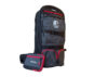 Nokta DetectoBag black and grey metal detecting backpack with red zippers and waist pouch, front right view.