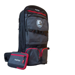 Nokta DetectoBag black and grey metal detecting backpack with red zippers and waist pouch, front right view.