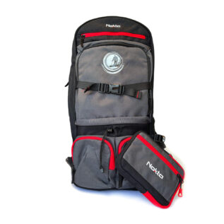 Nokta DetectoBag metal detecting backpack in gray and black with red accents and matching accessory pouch.