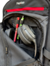 Nokta DetectoBag interior accessory compartment with headphones, pens, and mesh pockets for metal detecting gear.