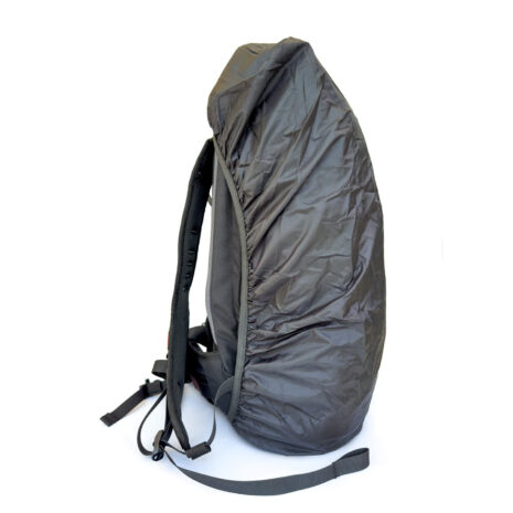 Nokta DetectoBag Backpack Rain Cover Black waterproof rain cover fitted on a Nokta DetectoBag metal detecting backpack, side profile view on white background.
