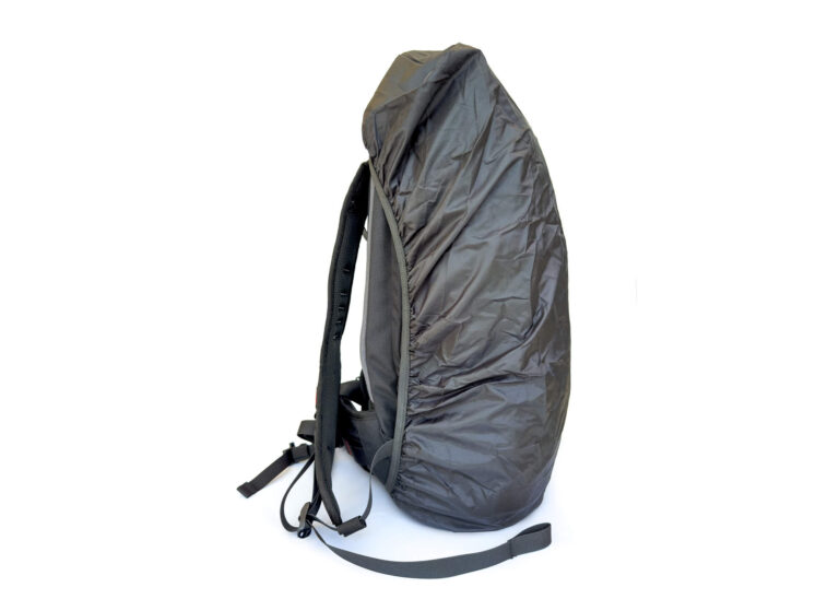 Nokta DetectoBag Backpack Rain Cover Black waterproof rain cover fitted on a Nokta DetectoBag metal detecting backpack, side profile view on white background.