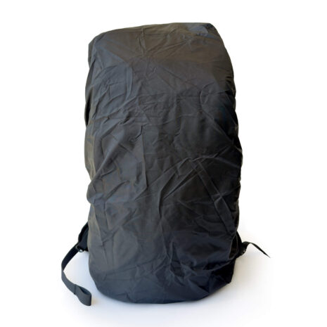 Nokta DetectoBag Backpack Rain Cover Front Black waterproof rain cover fitted over a Nokta DetectoBag backpack for metal detecting gear protection.