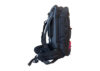 Side view of Nokta DetectoBag backpack in black and grey with red accents, padded straps, and zippered compartments.