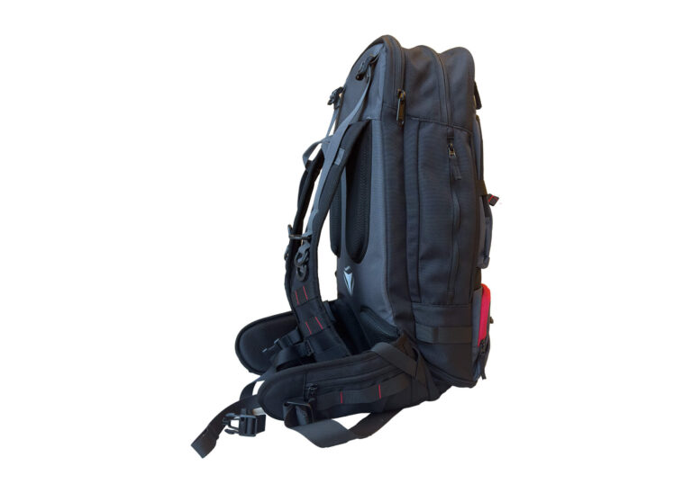 Nokta DetectoBag Metal Detecting Backpack Side View Side view of Nokta DetectoBag backpack in black and grey with red accents, padded straps, and zippered compartments.