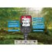 Infographic of the Nokta FINDX Pro metal detector display and control panel, highlighting features like Target ID, depth indicator, and search modes against a blurred forest background.
