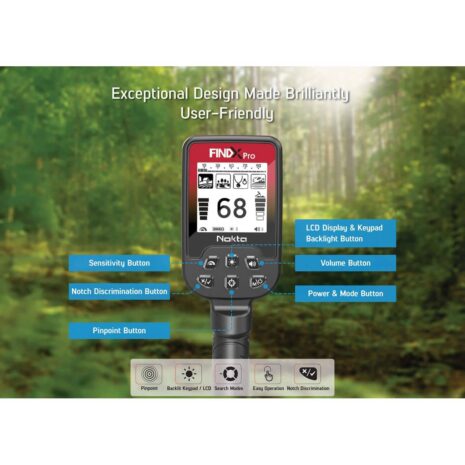Nokta FINDX Pro Metal Detector Display and Control Features A detailed diagram of the Nokta FINDX Pro metal detector's control panel and LCD display, featuring labeled buttons for sensitivity, volume, power, and pinpointing.