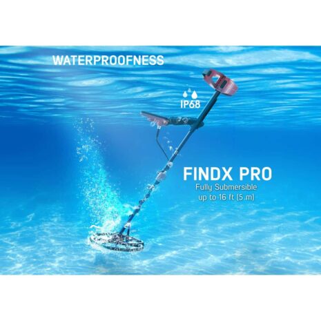 Nokta FINDX Pro Fully Submersible Waterproof Metal Detector Nokta FINDX Pro metal detector submerged in clear blue water, demonstrating its IP68 waterproof rating and submersibility up to 5 meters or 16 feet.