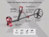Infographic of the Nokta FINDX Pro metal detector highlighting its waterproof system box, 11-inch search coil, backlit display, and retractable shaft.