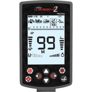 Nokta Legend 2 SMF metal detector control panel showing LCD screen with target ID 99 and search mode icons.