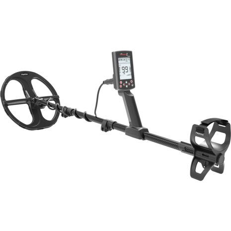 Nokta Legend 2 SMF Metal Detector Left View Nokta Legend 2 SMF metal detector with carbon fiber shaft, LCD display, and waterproof search coil, left side view.