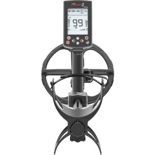 Nokta Legend 2 SMF metal detector rear view showing LCD screen interface, ergonomic handle, and circular search coil.