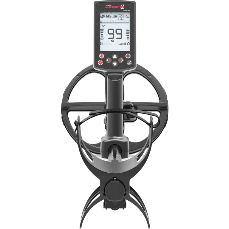 Nokta Legend 2 SMF Metal Detector Rear View Nokta Legend 2 SMF metal detector rear view showing LCD screen interface, ergonomic handle, and circular search coil.